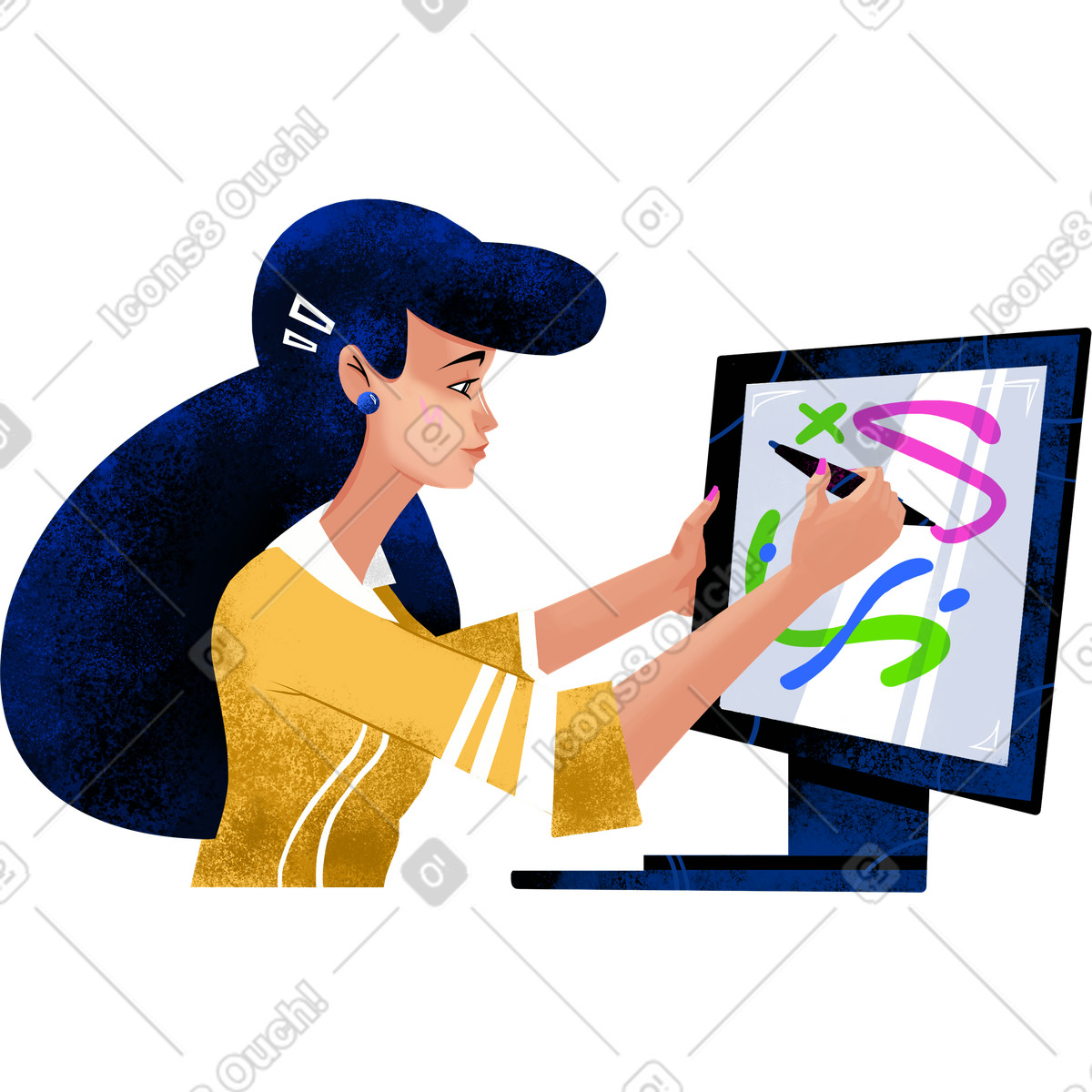 Woman in a yellow shirt draws with pen illustration Flare style download PNG, SVG