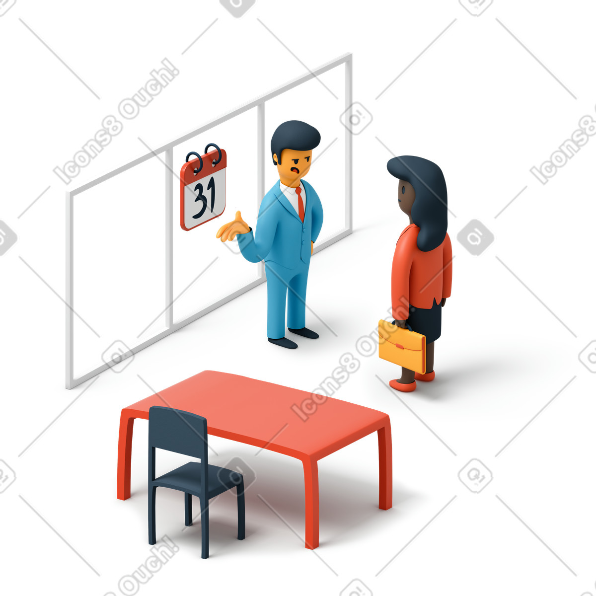 I partner commerciali discutono di una scadenza imminente illustrazione in stile 3D Flame scarica in PNG, SVG