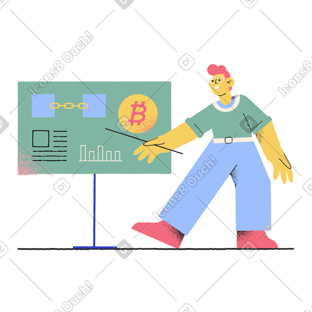 Uomo che insegna bitcoin e blockchain illustrazione in stile Pablo scarica in PNG, SVG
