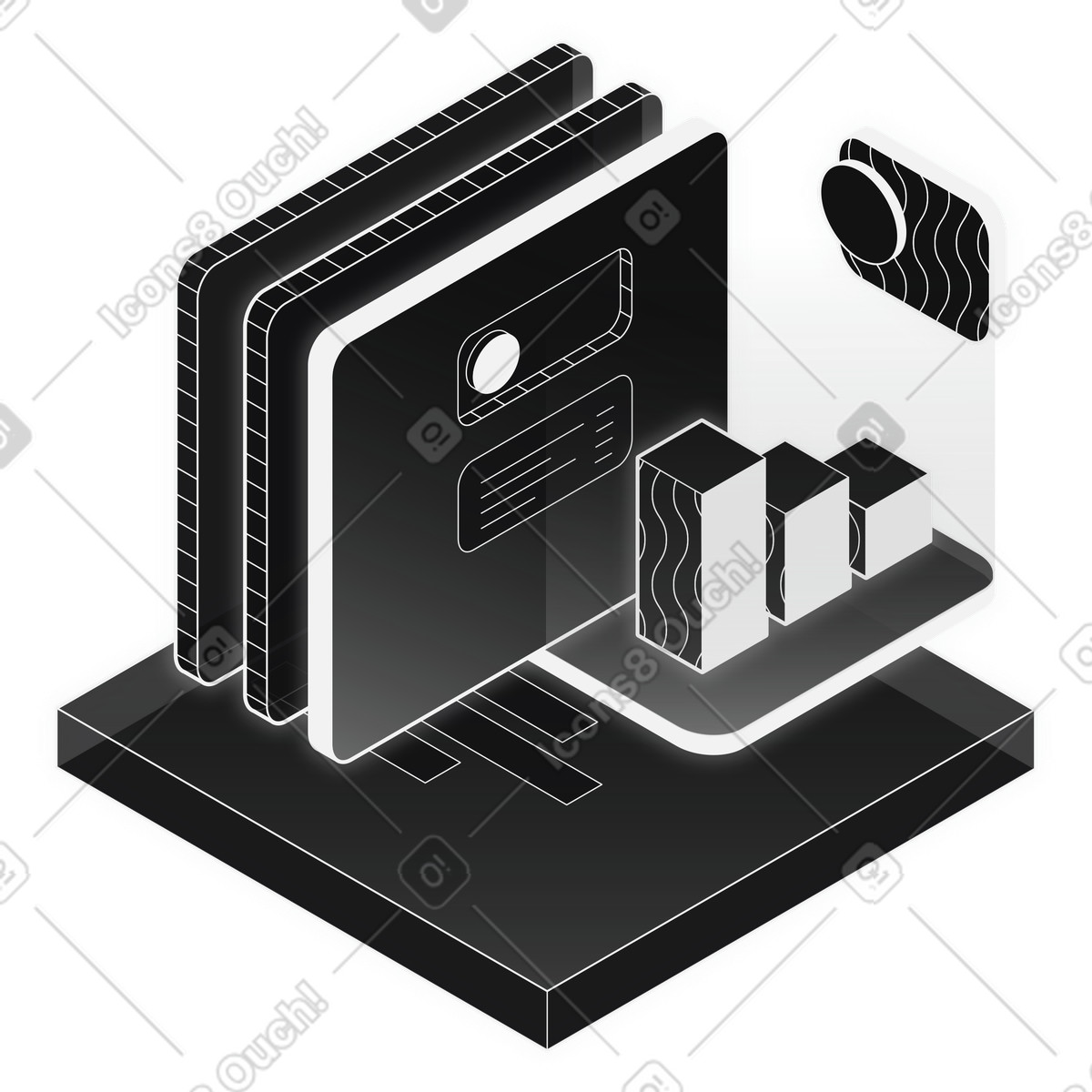 3D monochrome analytics on digital dashboard, business intelligence and KPI tracking illustration in Inverse style download in PNG, SVG
