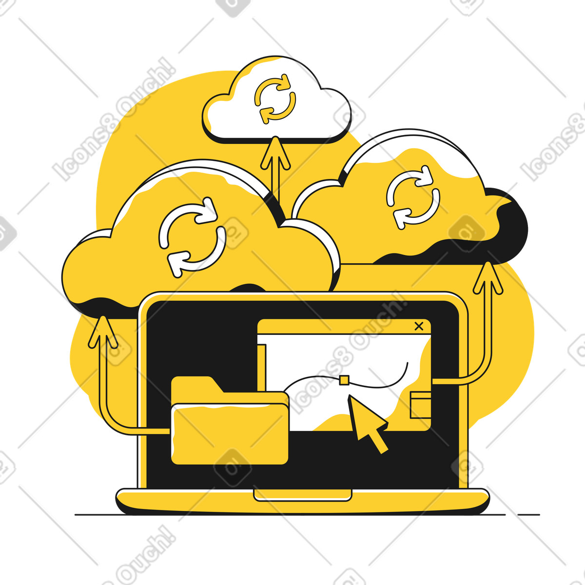 Illustration Sauvegarde d'un ordinateur portable sur un stockage cloud dans le style Taxi à télécharger aux formats PNG, SVG