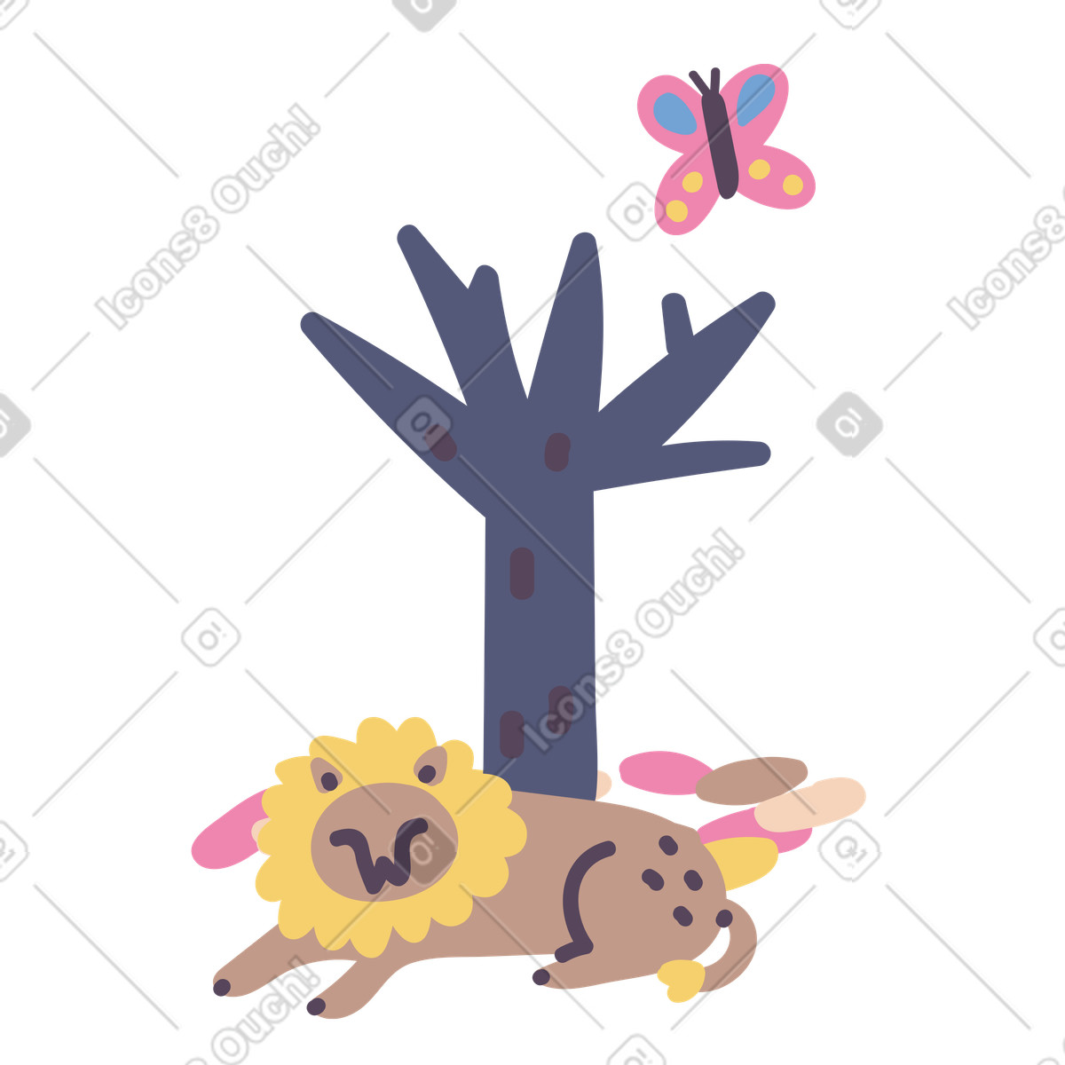 Löwe ruht unter dem baum-Illustration im Pluto-Stil als Download in PNG, SVG