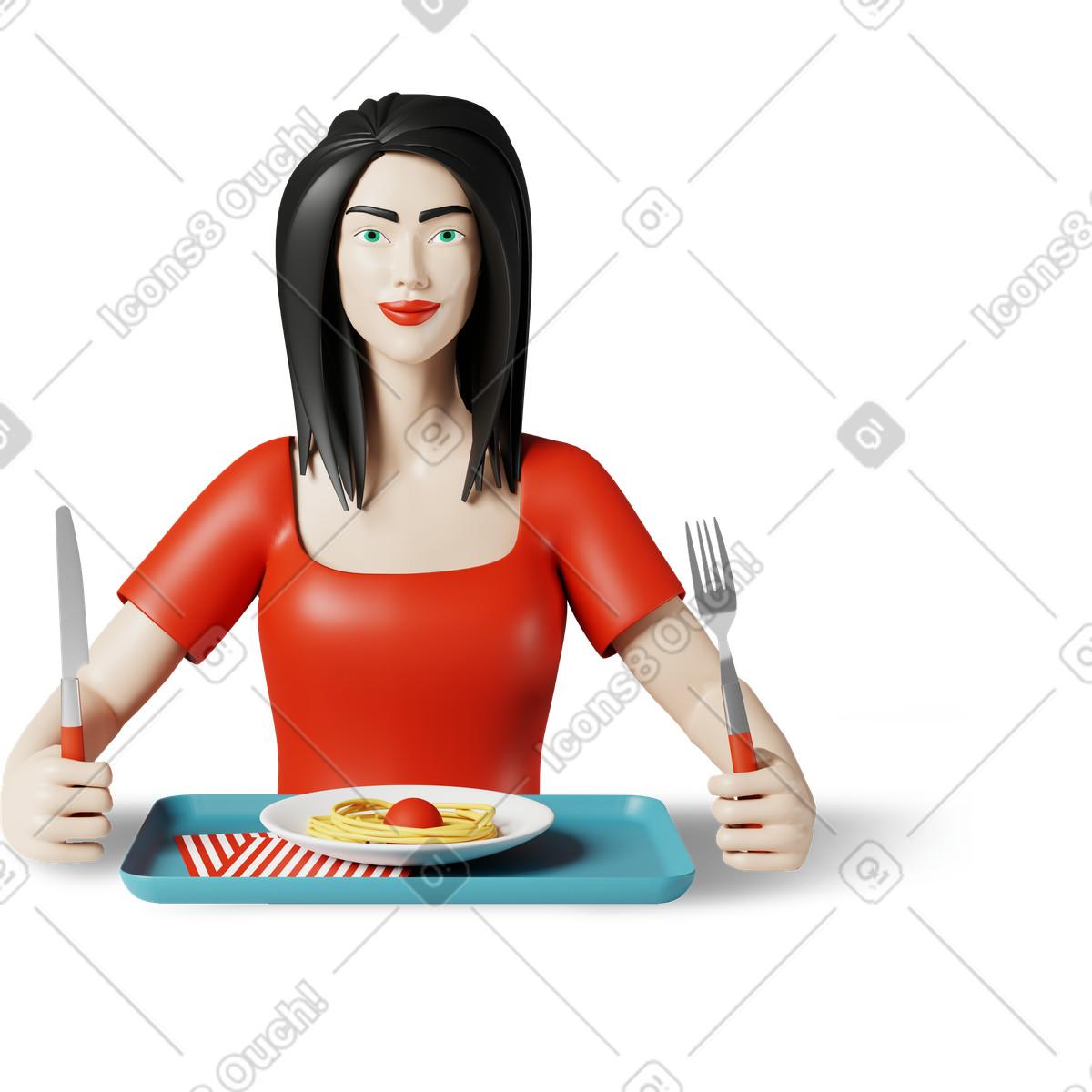 Woman and spaghetti illustration in 3D Plastic people style download in PNG, SVG