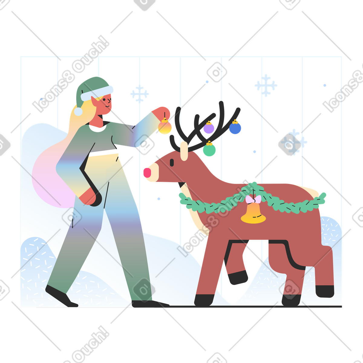Ilustración Duende viste al ciervo navideño en estilo Marginalia a descargar en PNG y SVG
