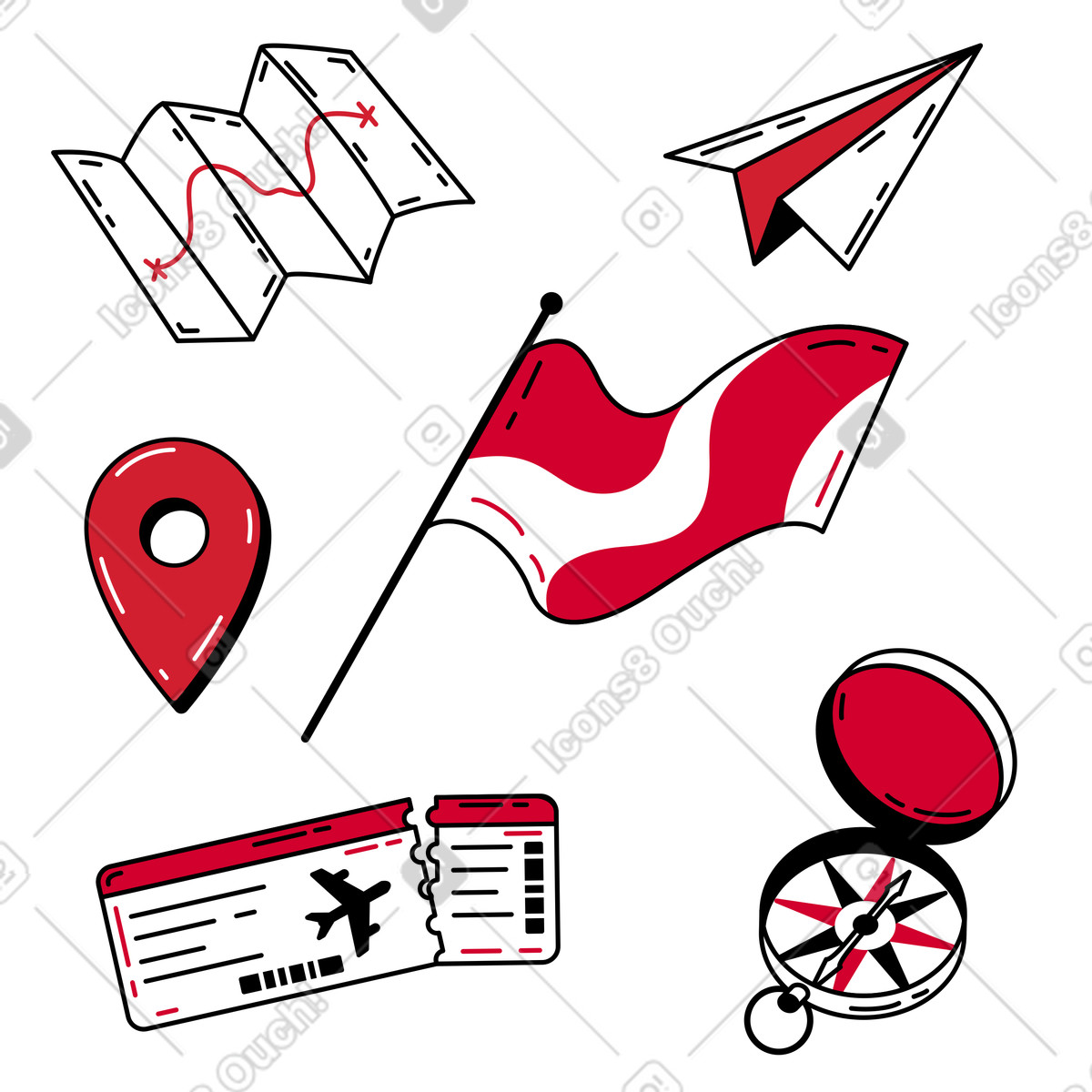 Illustration Articles de voyage : carte, boussole, billet d'avion dans le style Ruby à télécharger aux formats PNG, SVG