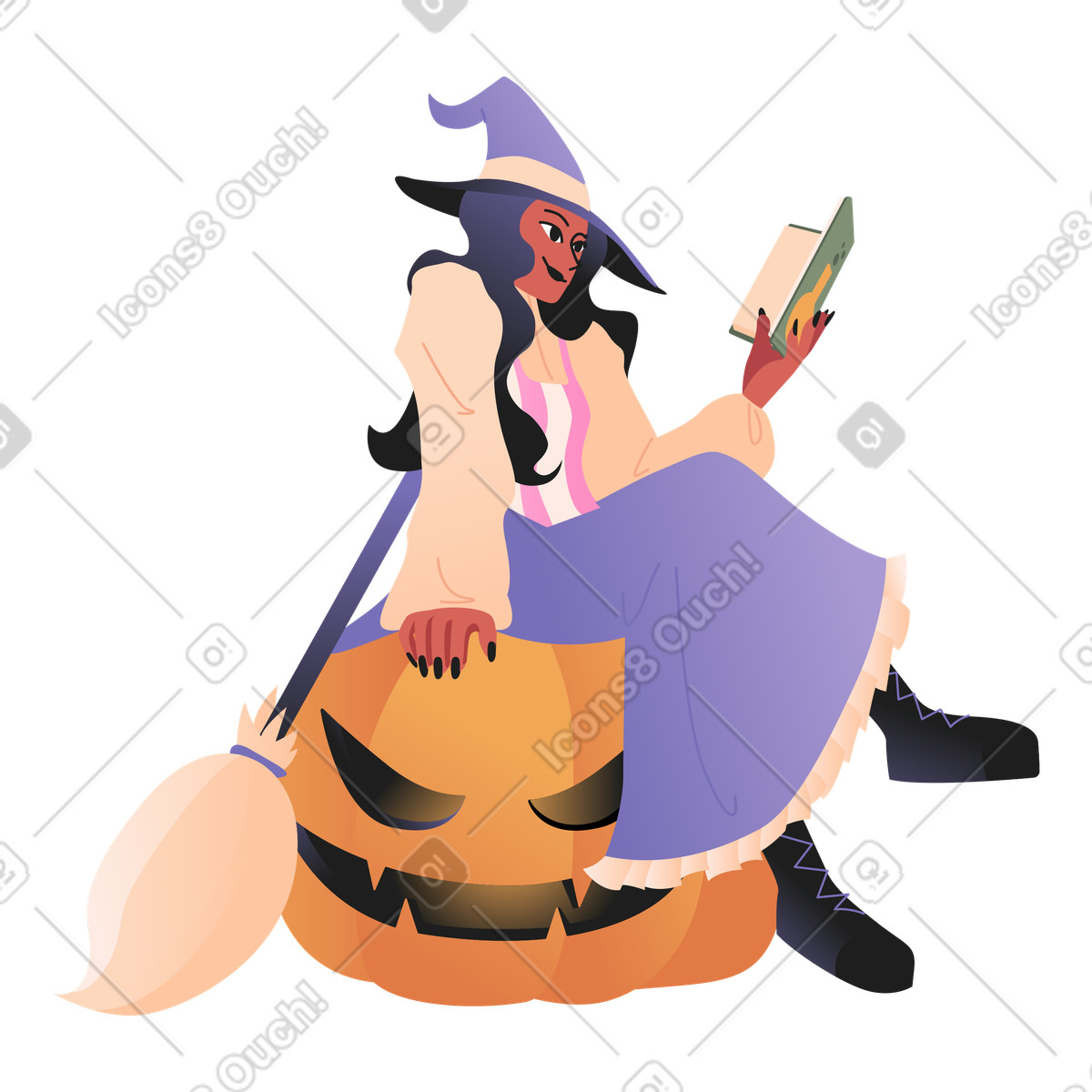 Illustration Sorcière avec un livre de potions dans le style Coworking à télécharger aux formats PNG, SVG