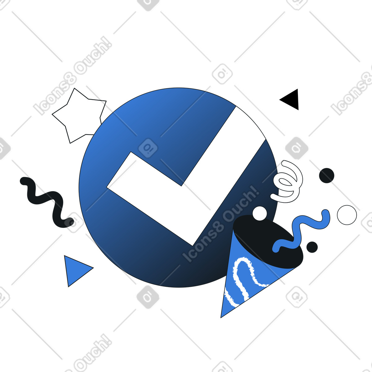 Blue check icon and party popper, success and accomplishment celebration illustration in PNG, SVG