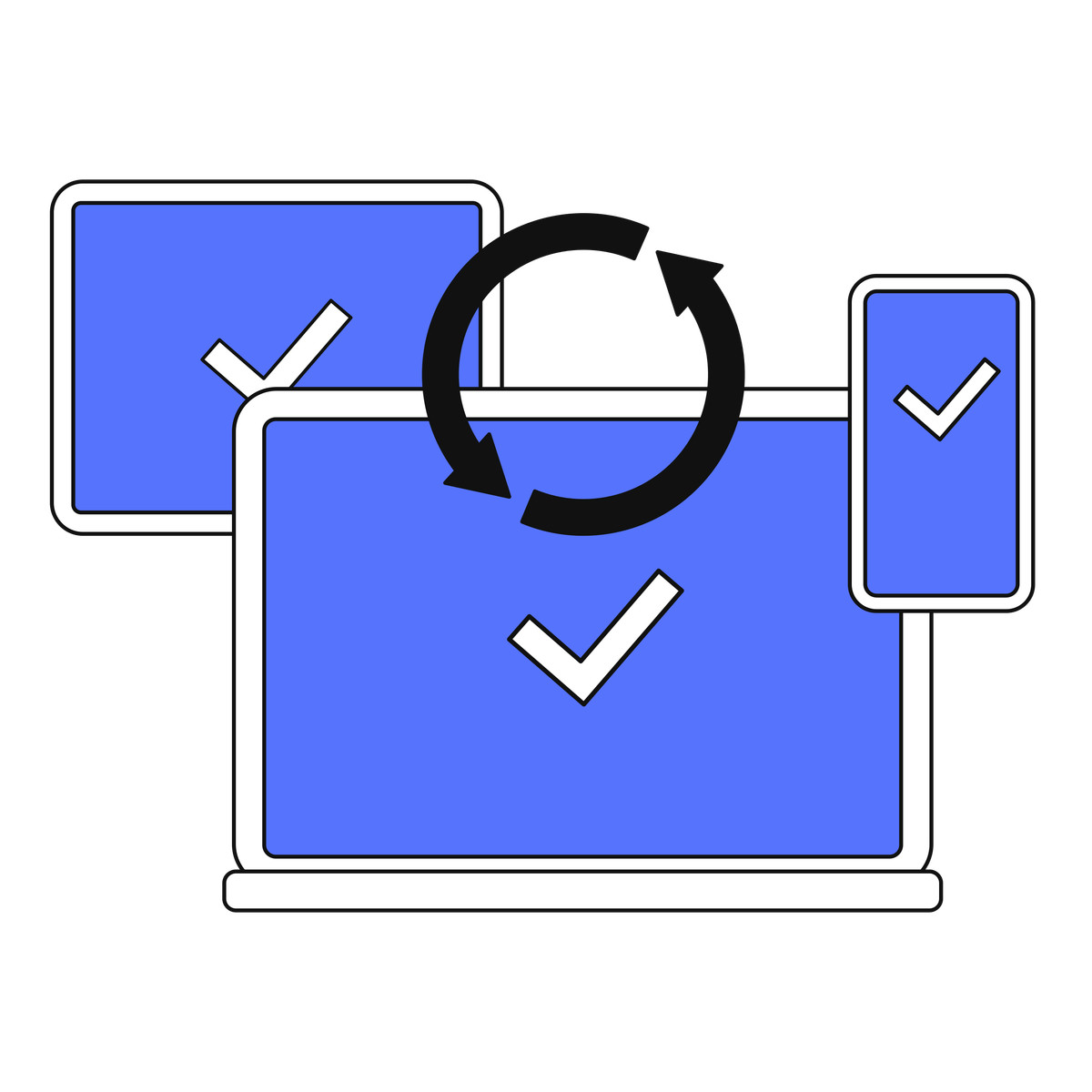 Main スタイルの Cross platform synchronization concept with devices displaying successful status checkmarks のイラストをPNG、SVG形式でダウンロード