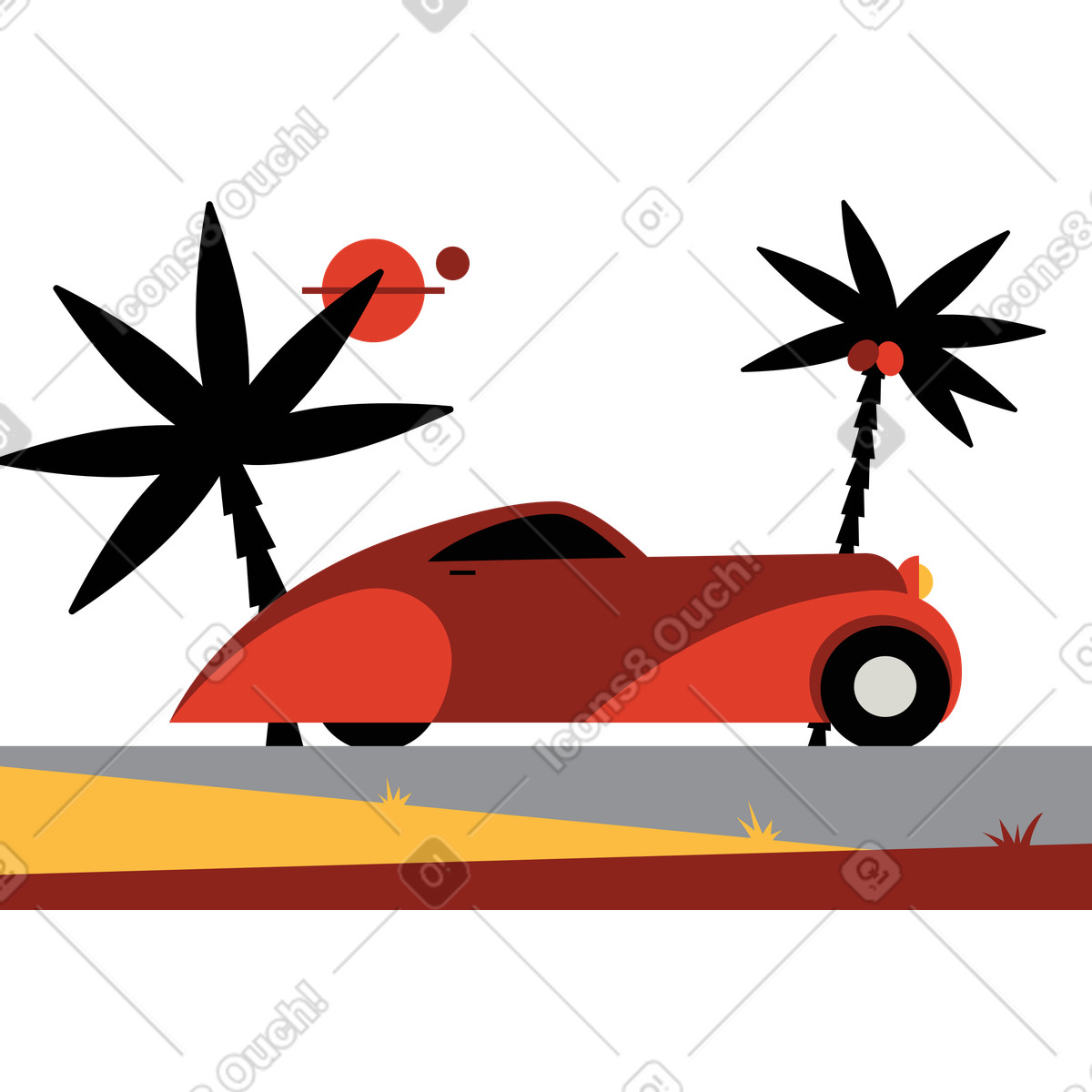 Retro car cruising on coastal road, Holiday getaway or travel illustration in Burgundy style download in PNG, SVG