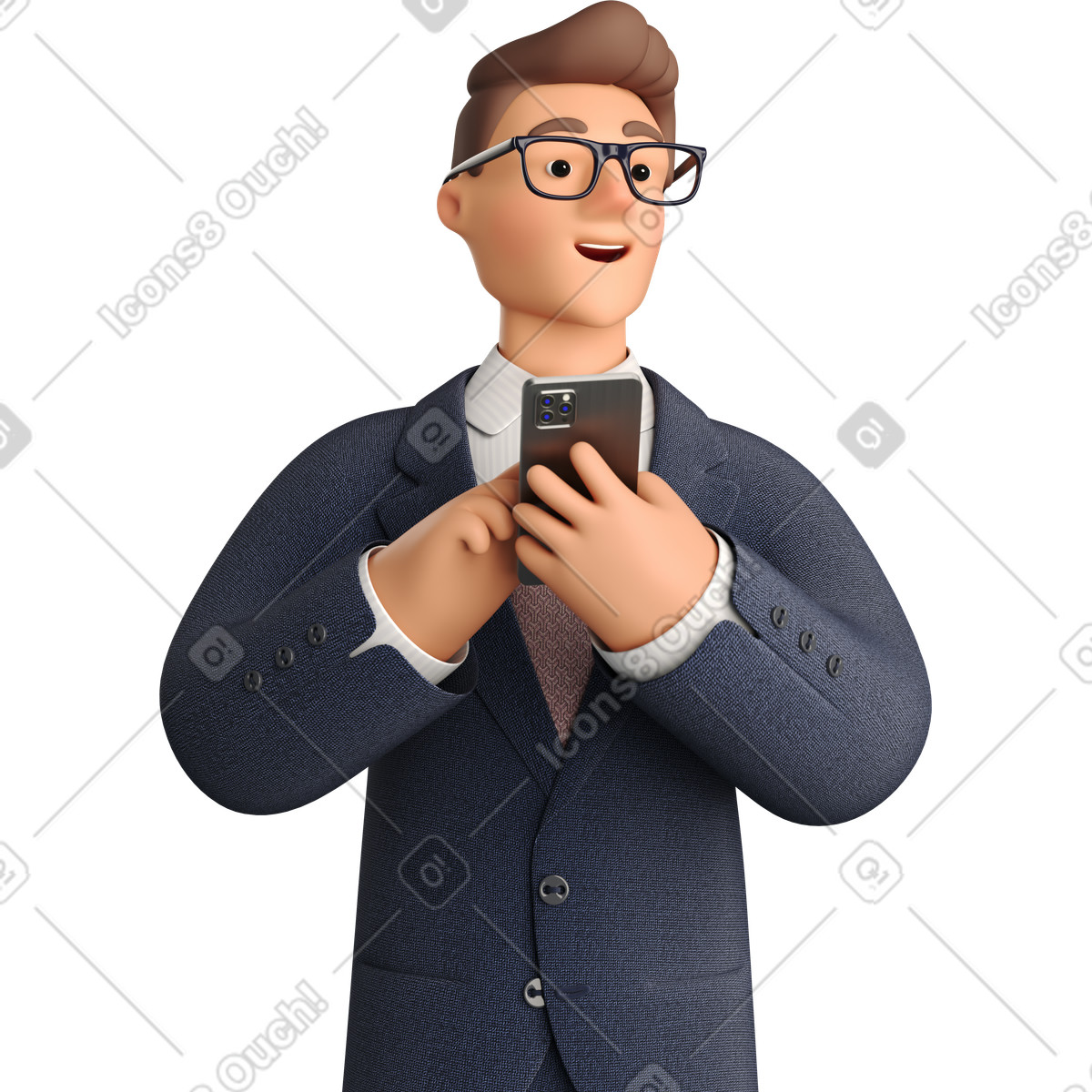 Illustration Businessman in dark blue suit with phone looking aside dans le style 3D Business à télécharger aux formats PNG, SVG