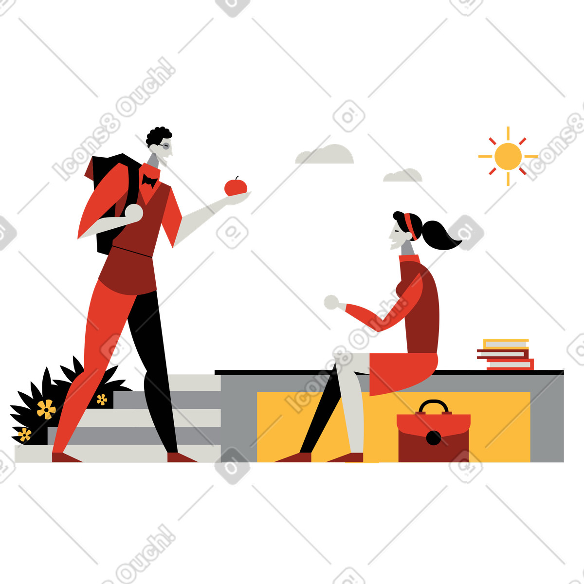 Studenti in pausa all'aria aperta illustrazione stile Burgundy scarica PNG, SVG