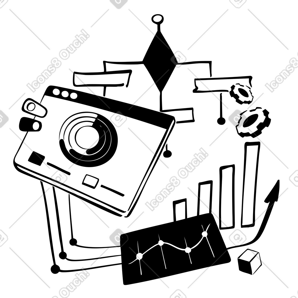 Dashboard with charts and workflow diagram, Business analytics and metrics tracking illustration in PNG, SVG