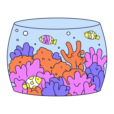 A vibrant coral reef filled with various types of corals in shades of pink, orange, and purple. Colorful fish, including yellow tangs and clownfish, swim among the corals, darting in and out of the coral formations. The scene includes small bubbles rising to the surface, adding a sense of movement to the underwater environment. The lighting illustrates the clear water surrounding the reef.