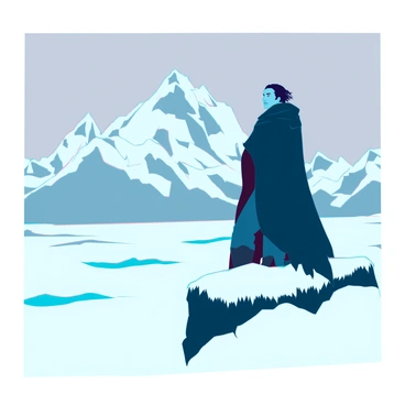 Jon Snow, a man with dark hair and a rugged appearance, stands atop a snow-covered hill. He is wearing a heavy black cloak, which is billowing dramatically in the cold wind. His expression is serious and contemplative as he gazes over a vast, icy plain that stretches out below him. The landscape is blanketed in thick white snow, with patches of dark rock peeking through. In the distance, jagged mountains rise against a gray sky, hinting at an impending storm. The atmosphere is cold and stark, emphasizing the isolation of the scene.