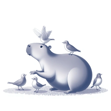 A capybara is situated in a grassy area, engaging playfully with a gathering of various birds. The capybara is positioned on all fours, showcasing its rounded body and gentle expression. The birds, differing in size and shape, are perched nearby, some on the capybara's back, while others are on the ground surrounding it. The scene captures the interaction, with the capybara looking curiously towards the birds. The birds are in various playful poses, with some spreading their wings and others pecking at the ground, creating a lively atmosphere.