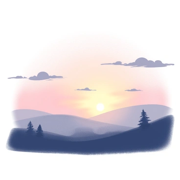 A morning sky just before sunrise. The horizon features gentle gradients of light transitioning from soft pink to orange. Wispy clouds are scattered across the sky, catching the early light. The landscape below is silhouetted in black, with a few trees and rolling hills visible. The scene conveys a sense of peace and tranquility.