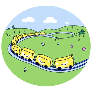 A train winding through a green countryside landscape. Each car of the train is shaped like a golden bretzel, with a shiny finish and twisted dough details. The background features rolling hills, dotted with small trees and patches of colorful wildflowers. A clear blue sky stretches overhead, with a few fluffy white clouds. The train tracks curve gracefully along the terrain, creating an inviting scene.