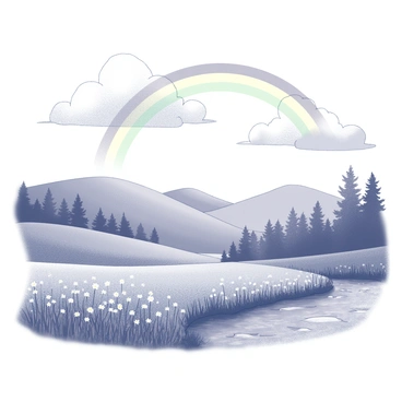 A landscape featuring rolling hills and scattered trees. The sky is filled with fluffy clouds, remnants of a storm, and a "vibrant rainbow" gracefully arches across the scene. In the foreground, a field of wildflowers sways gently in the breeze, and a small stream reflects the fading light of the sky. The atmosphere conveys a sense of freshness and renewal following the rain.