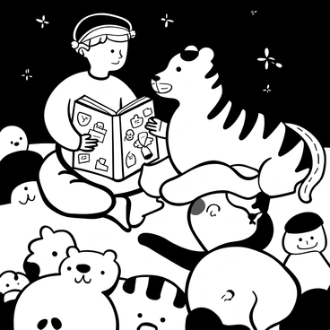A young boy sitting cross-legged on the floor, engrossed in a large book illuminated by a nightlight. Next to him is a large, anthropomorphic tiger lying on its stomach, attentively listening. Around them, a multitude of stuffed animals of various sizes and shapes are scattered on the floor, creating a cozy atmosphere. The room is dimly lit, emphasizing the glow from the nightlight, which casts soft shadows across the scene. The boy is wearing pajamas, and the book is open, displaying colorful illustrations.