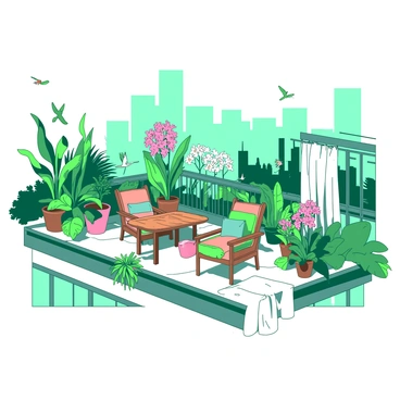 A vibrant city rooftop is filled with lush green plants and colorful flowers, creating a garden oasis. There are several potted plants of varying sizes scattered throughout the area, including tall ferns and blooming orchids. In the center, there is a small wooden table surrounded by comfortable chairs, all adorned with bright cushions. A soft, flowing white curtain is draped along one edge of the rooftop, gently swaying in the breeze. A few birds are perched on the railing, while others flutter around the garden, adding life to the scene. In the background, the outlines of tall city buildings are visible against the sky, contrasting with the greenery of the rooftop oasis.