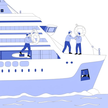 Workers are attaching lifeboats to the sides of a large passenger liner. The ship features multiple decks, with large windows lining the sides. Each worker is wearing a safety harness and is actively engaged in securing a lifeboat to the ship's railing. The lifeboats are bright, with visible hooks and ropes, ready for deployment. The ocean is visible in the background, with gentle waves lapping against the hull of the liner. The workers are focused and coordinated, ensuring that each lifeboat is properly fixed in place.
