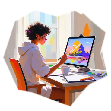 An illustrator with medium brown skin and short curly hair is sitting at a wooden desk, focused on creating digital art on a tablet. The tablet is propped up in front of them, displaying a vibrant and detailed book cover design featuring a fantastical landscape with mountains and a sunset. The illustrator is using a stylus to add finishing touches to the artwork. Around the desk, there are scattered art supplies, including colored pencils and sketchbooks, as well as a coffee mug beside the tablet. The room is filled with natural light coming from a nearby window.