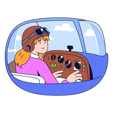 A female pilot is sitting in a vintage airplane cockpit. She is wearing a brown leather aviator helmet that has a classic design, along with dark goggles resting on her forehead. The cockpit features an array of dials and instruments in a polished wooden panel. Sunlight filters through the cockpit windows, highlighting the details of the aircraft's interior. The pilot is focused, with her hands on the control yoke, ready for takeoff.