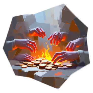 A dark, cavernous circle of Hell is depicted with jagged rock formations and flickering flames illuminating the surroundings. In the foreground, several hands, with twisted and claw-like fingers, stretch out eagerly toward a scattered pile of glimmering coins. The hands appear to emerge from the shadows, showcasing a range of skin tones and textures. The coins are shiny and varied in size and shape, reflecting the dim light. The ambiance is heavy with a sense of desperation and greed, as the hands compete for the precious metal.