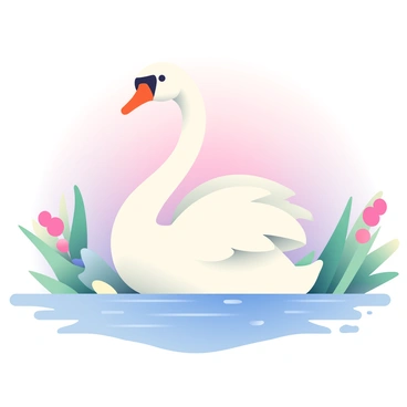A graceful swan with white feathers is perched at the edge of a lake. The lake reflects the soft colors of a pastel sky, featuring shades of pink, blue, and lavender. The swan's long neck is elegantly curved, and its beak is a bright orange. The water around the swan is calm and still, with gentle ripples extending outward. Lush green grasses and flowers in soft colors frame the scene, adding to the natural beauty of the setting.