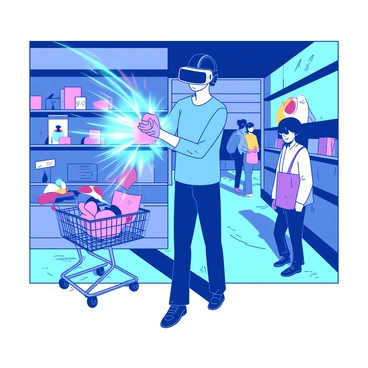 A blue person wearing a VR headset stands in a virtual reality store, surrounded by colorful shelves filled with various items. The person is reaching out with one hand, interacting with a holographic display of a product, while the other hand rests on a floating shopping cart filled with virtual goods. Bright, dynamic lights illuminate the scene, creating an engaging and futuristic shopping environment. In the background, other shoppers can be seen exploring different sections of the digital store.