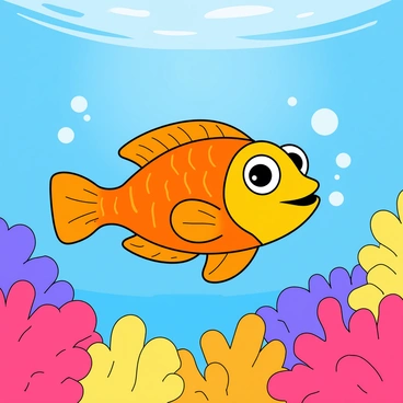 A tiny fish with vibrant orange scales is swimming happily among colorful coral formations. The coral includes bright pink, yellow, and purple hues, creating a lively underwater scene. The clear blue sea surrounds the fish, allowing sunlight to filter through the water, illuminating the fish and coral. Small bubbles rise gently around the fish as it moves, adding a playful touch to the scene. The fish has large, expressive eyes and a cheerful expression, enhancing its lively appearance.
