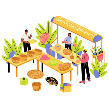 A vibrant village market scene featuring a variety of intricate crafts made from dried banana leaves. Various handmade items such as woven baskets, decorative fans, and colorful hats are displayed on wooden tables. The crafts showcase meticulous details in their design, with visible textures and patterns created from the banana leaves. Surrounding the market, there are lush green plants and small stalls adorned with other local goods. People are seen engaging and admiring the crafts, adding a lively atmosphere to the market.