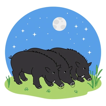 A group of three wild boars foraging together on a grassy patch. The boars are depicted with bristly black fur, tusks visible, and their snouts close to the ground as they search for food. Above them, the night sky is filled with twinkling stars, casting a soft glow over the scene. The moon hangs low, providing a gentle light that reflects off the boars' shiny coats. Surrounding the boars are a few tall blades of grass and small wildflowers, adding to the natural setting. The atmosphere is calm and peaceful, with a hint of movement as the boars shuffle about.