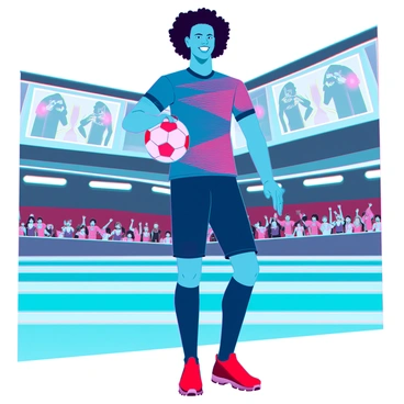 A famous soccer player with dark skin and curly hair, wearing a sleek, modern sportswear outfit in vibrant colors, is confidently posing with a soccer ball. He stands on a futuristic field with bright lights illuminating the scene. The sportswear features advanced materials and dynamic patterns that highlight athleticism. He has a wide smile, exuding charisma as he holds the soccer ball firmly, looking ready to demonstrate his skills. The background includes a cheering crowd and high-tech screens displaying the new line of sportswear.
