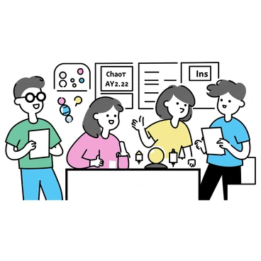 A group of four students in a science lab, each holding a quiz sheet. Two of the students, one wearing glasses and a green shirt, and the other in a blue t-shirt, are discussing an answer. The third student, wearing a red hoodie, is looking at a model of the solar system on the table. The fourth student, dressed in a yellow top, is pointing at a chart on the wall labeled "Chemical Reactions". Various models and charts are displayed around the room, including a DNA model and a periodic table.