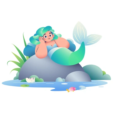 A 3D cartoon mermaid character with long, flowing turquoise hair is lounging on a large, smooth rock. She has a vibrant, shimmering tail that blends shades of blue and green. The mermaid is propped up on her elbow, gazing playfully at the viewer with bright, expressive eyes. The lagoon is surrounded by lush greenery and delicate lily pads floating on the surface. Soft ripples can be seen in the water, reflecting the sunlight. Small colorful fish swim nearby, adding life to the tranquil scene. The atmosphere is lively yet peaceful, with the natural elements harmoniously coming together.