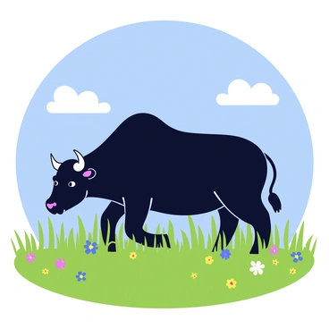 A large bull named Nandi with a shiny black coat stands grazing in a lush green meadow. The meadow is filled with tall, vibrant grass and scattered colorful wildflowers. Above, a clear blue sky stretches out, dotted with a few fluffy white clouds. Nandi's horns curve gracefully upwards, and his eyes reflect calmness as he enjoys the warm sunlight.