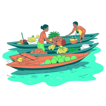 A teal floating market is bustling on the backwaters, with various colorful boats lined up next to each other. Each boat is filled with an array of fresh fruits and vegetables, and sellers are engaging with customers. One seller is leaning over the edge of their orange boat, offering a large bunch of bananas to a customer in another boat. Nearby, a woman in a bright outfit is arranging her goods, which include vibrant green coconuts and red tomatoes. The water glistens under the sunlight, reflecting the vivid colors of the market.