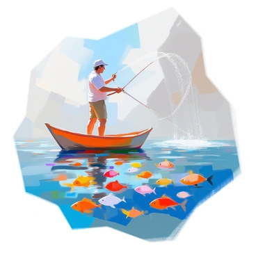 A fisherman with sun-kissed skin and salt-and-pepper hair stands on a small wooden boat, casting a net over a shimmering sea. The net is in mid-air, creating an arch as it spreads out, but it catches only the open air. Below the surface, a multitude of colorful paper fish floats, their delicate forms reflecting the sunlight. The water is a vibrant blue with gentle ripples, complementing the texture of the paper fish, which vary in hues of red, yellow, and green, swaying as if they were alive. The fisherman’s expression is one of concentration, and the scene captures a moment of stillness amid the whimsical aquatic landscape.