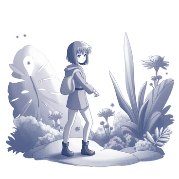 Nausicaa exploring a beautiful valley filled with exotic plants and creatures, showcasing her bravery.