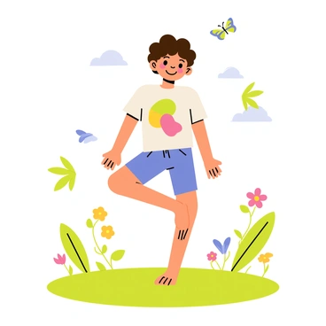 A young child with curly brown hair wearing a colorful t-shirt and shorts is playfully mimicking a quadriceps stretch. The child stands on one leg, with the opposite foot pulled towards the bottom, creating a balance pose. Around the child, there are various playful elements such as a bright green grass field, colorful flowers, and a cheerful blue sky. In the background, there are trees with green leaves and a few butterflies fluttering about, adding to the lively atmosphere of the scene.