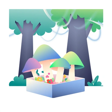 A matchbox is placed in the foreground, with its surface reflecting soft light. On top of the matchbox, there are several glowing mushrooms in various sizes, their caps displaying shades of blue, green, and purple. The mushrooms emit a gentle luminescence, illuminating the surroundings. In the background, tall trees with thick trunks and lush foliage create a dense, enchanting atmosphere. A faint mist weaves through the trunks, adding a touch of mystery to the scene. Small, colorful flowers are visible near the base of the matchbox, complementing the magical aura of the mushrooms.