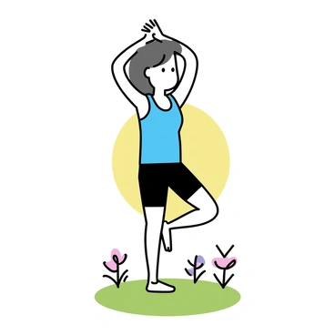 A person is standing on a patch of green grass in their garden during the early morning. The individual is wearing a light blue tank top and black shorts. They are stretching their arms overhead, while balancing on their toes, performing calf raises. The sun is rising in the background, casting a soft light across the garden, illuminating a few blooming flowers and shrubs.