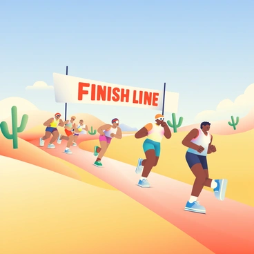 Competitors racing across a sun-baked desert landscape towards a distant finish line
