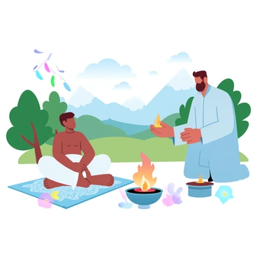 An outdoor Upanayanam ceremony is taking place with a gathering of participants. A young boy is dressed in traditional attire, wearing a simple white dhoti and a ceremonial shawl. He is seated on a decorative mat with a fire altar in front of him, surrounded by flowers and offerings. A priest is performing rituals with sacred items, including a pot of water and a small bell. The backdrop features lush green trees and majestic mountains, creating a serene environment filled with natural beauty. Colorful banners are fluttering gently in the breeze, adding festive elements to the scene.