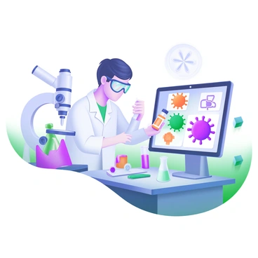 A laboratory setting featuring a scientist in a white lab coat, carefully examining a vial of vaccine. The scientist has short, dark hair and is wearing protective eyewear. To the side, a computer screen displays colorful 3D models of antigens, showcasing various shapes and structures. The lab is equipped with test tubes, beakers, and a microscope on the worktable. Bright lighting highlights the modern equipment and sterile environment, creating a focused atmosphere of scientific research.