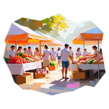 A vibrant farm market scene featuring multiple stalls adorned with colorful awnings. Each stall showcases an array of fresh produce including ripe tomatoes, bright red strawberries, and leafy green vegetables. There are also displays of homemade goods, such as jars of jam and fresh-baked bread, neatly arranged on tables. Customers of various ages and backgrounds are happily browsing the stalls, some holding bags filled with purchases. The ground is covered with straw and there are wooden crates stacked with fruits and vegetables, adding to the rustic charm of the market. Sunlight filters through the trees overhead, casting dappled shadows on the bustling scene.