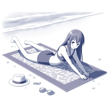 An anime girl is lying on a sandy beach. She has long hair, and she is focused on decorating her beach towel with various geometric patterns. The towel is spread out beside her, featuring intricate designs. She is surrounded by small beach items like a sun hat and a pair of sunglasses. The sunlight casts soft shadows, and the waves can be seen gently lapping at the shore in the background.