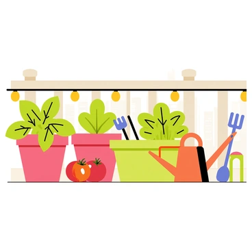 A small urban garden on a balcony featuring several colorful pots filled with various herbs and vegetables. The pots include bright green basil, vibrant red tomatoes, and leafy lettuce. The balcony has a wooden railing adorned with small decorative lights. A terracotta watering can sits beside the pots, and a few garden tools are placed neatly on a small table nearby. In the background, there are hints of a city skyline visible above the balcony railing.