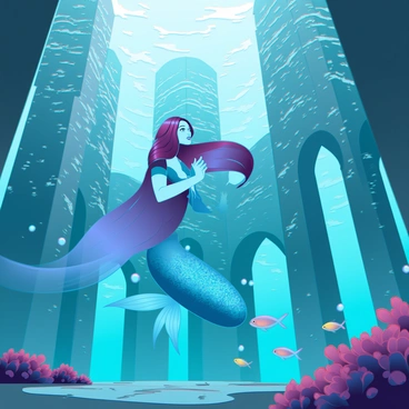 A mermaid with long flowing hair and shimmering scales is gracefully swimming through an ancient underwater city. The city features towering stone structures covered in coral and marine life, with intricate carvings visible on the walls. Sunlight filters through the water above, casting dappled light patterns on the sea floor. Schools of colorful fish dart around the mermaid as she navigates through archways and ruins, exploring the remnants of a long-lost civilization. Bubbles rise around her, enhancing the sense of motion as she glides effortlessly through the serene environment.